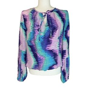 Alice & Trixie Silk Geometric Retro Print Tie Neck Puff Sleeve Cropped Blouse  M